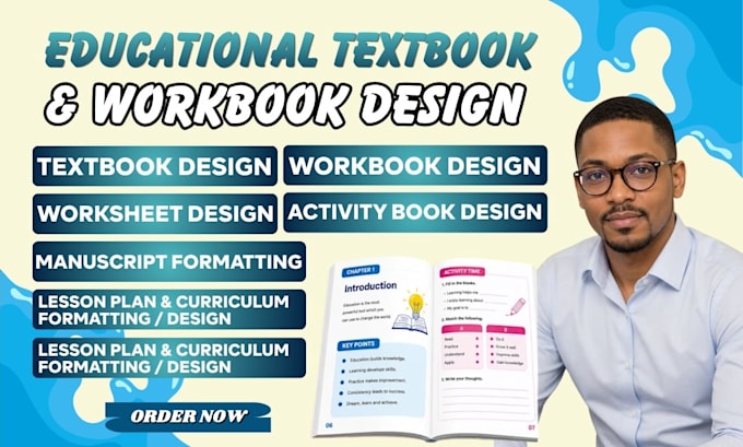 format and design educational textbook, workbook, manuscript and activity book