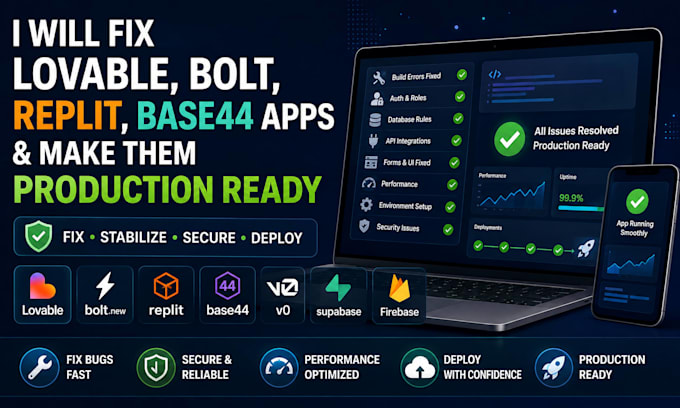 fix lovable bolt replit base44 app bugs and make it production ready