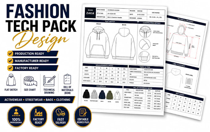 design a complete apparel tech pack for fashion production