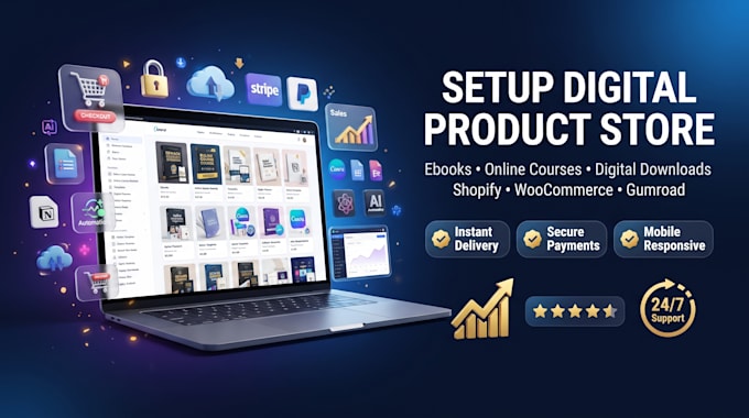 setup digital product store, ebook shop, course website online download