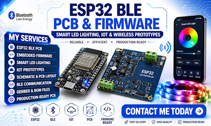 esp32 ble pcb design firmware for smart led lighting, iot and wireless prototype