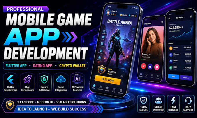 do mobile games app development, flutter app, dating app, crypto wallet app
