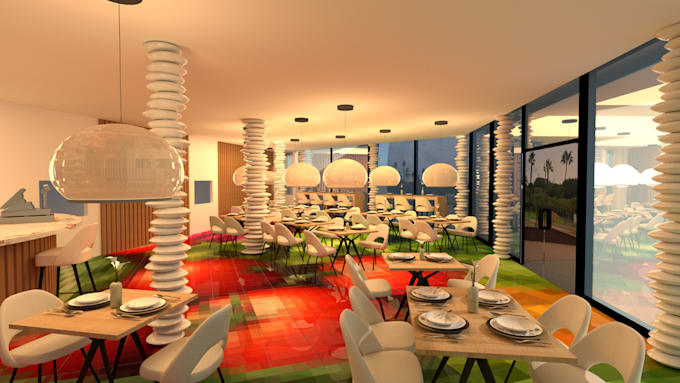 create realistic 3d restaurant, bar, cafe, food court, bakery interior design