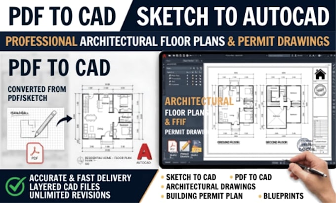 convert PDF to cad, sketch to autocad architectural floor plan permit