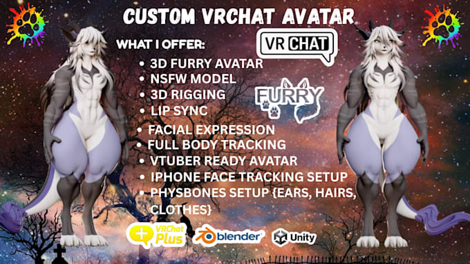 design custom vrchat model, furry avatar nsfw vtuber vrm model vrc commission