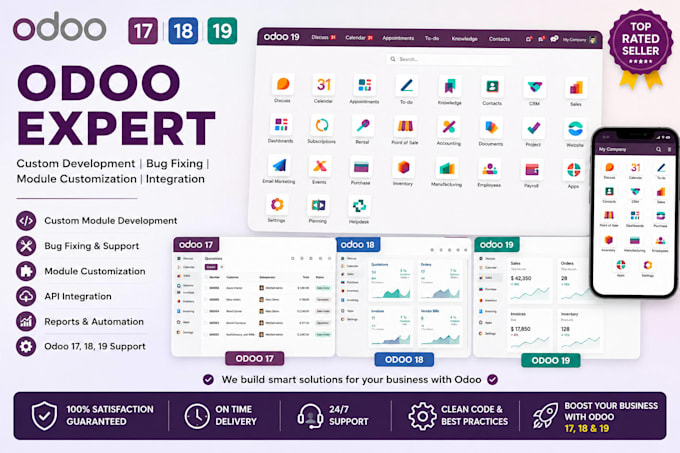 do odoo development, custom modules, and mobile app integration for v17 18 19