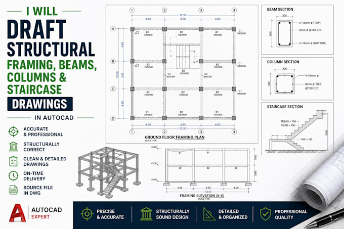 draft structural framing, beams, columns and staircase drawings