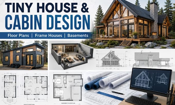 design modern tiny house, cabin, frame house and basement floor plan
