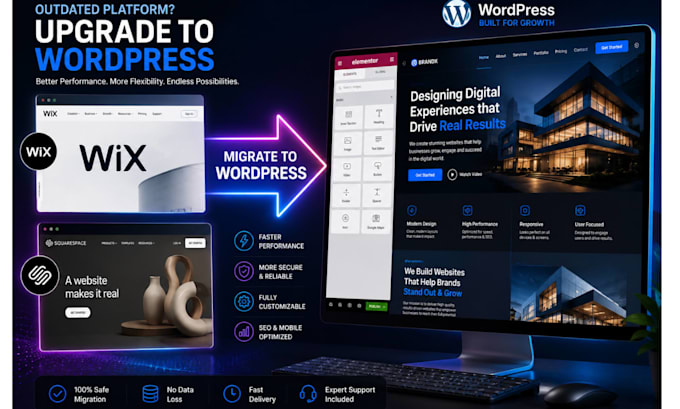 convert or migrate wix squarespace to wordpress elementor