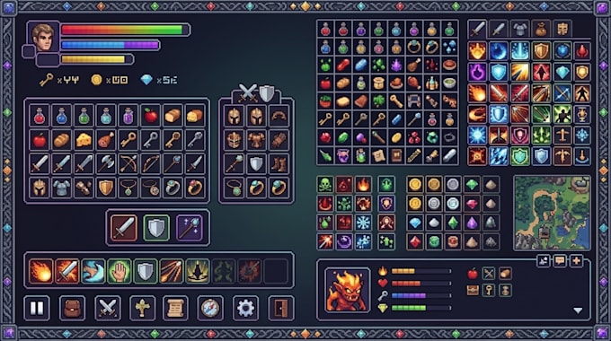 design custom pixel art UI, hud, icons, and game interface