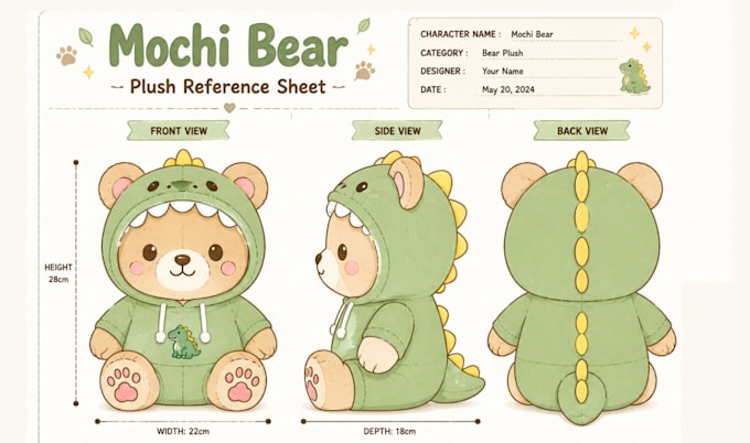 design custom plushie reference sheet, stuffed animal character or ych concept