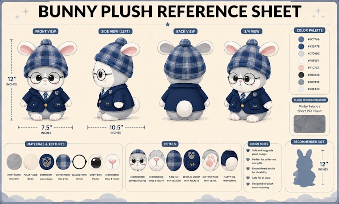 design a professional plush toy reference sheet for manufacturing