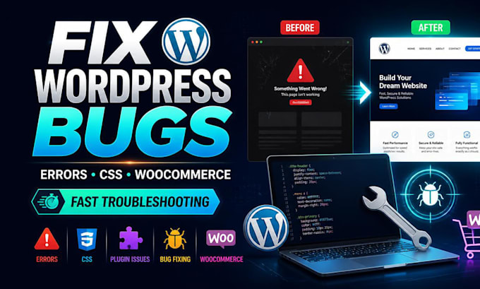 fix wordpress bugs, fix wordpress issues, errors, CSS issues, woocommerce fix