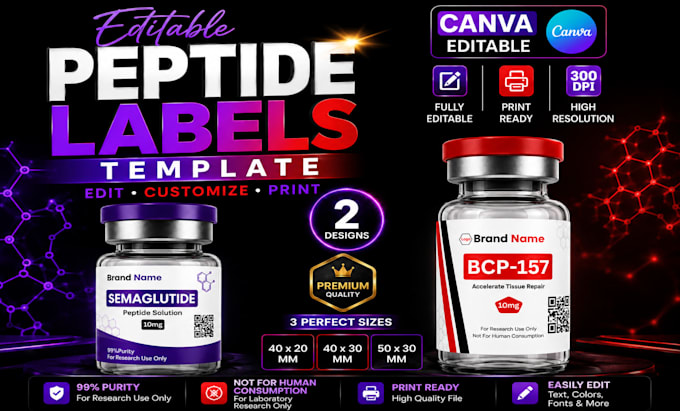 premium peptide vial labels and editable canva templates