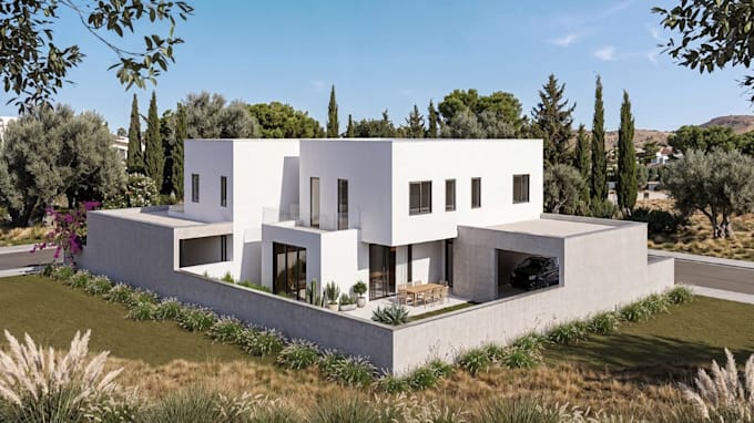 modernize mediterranean villa, render front elevation, concrete house,cgi render