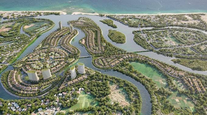 render 3d waterfront urban planning, coastal development, masterplan aerial view