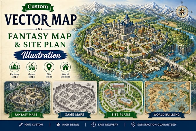 draw custom vector map, fantasy game map, or site plan illustration