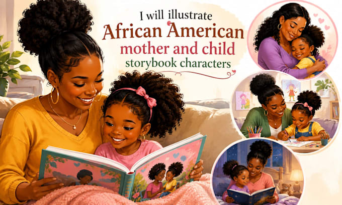 illustrate african american mother and child storybook character