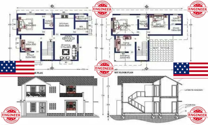do house city permit drawings, floor plans, elevations, deck and framing