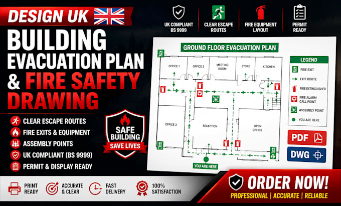 design UK building evacuation plan and fire safety drawing