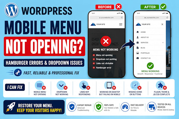 fix wordpress mobile menu not opening, hamburger errors and dropdown issues