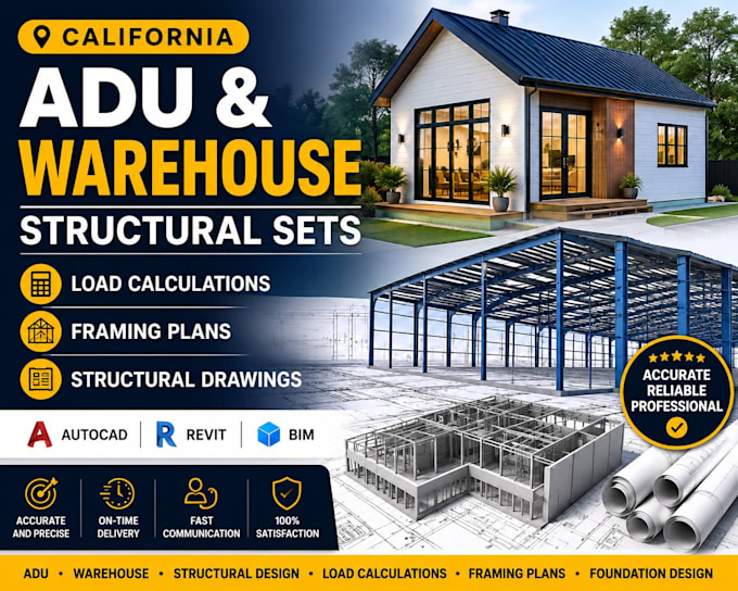 design california adu warehouse,structural sets, load calculations framing plans