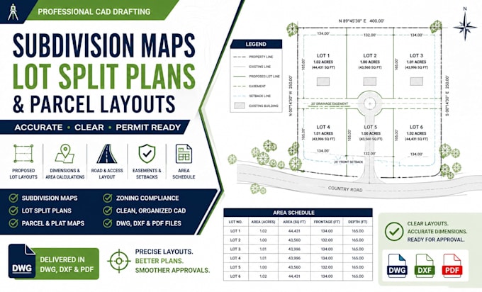 create subdivision maps, lot split plans and parcel layouts in autocad