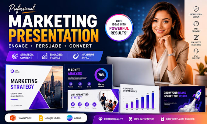 design pitch deck, power point, google slides and marketing presentation