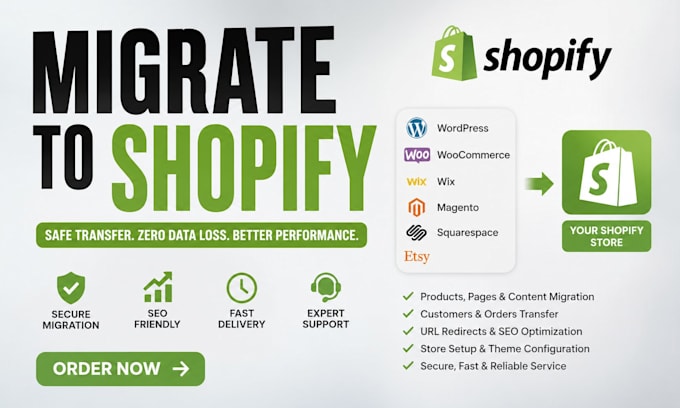 migrate ecommerce platform magento woocommerce wix wordpress website to shopify