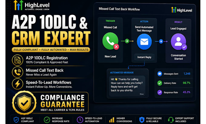 setup gohighlevel a2p 10dlc missed call text back automation