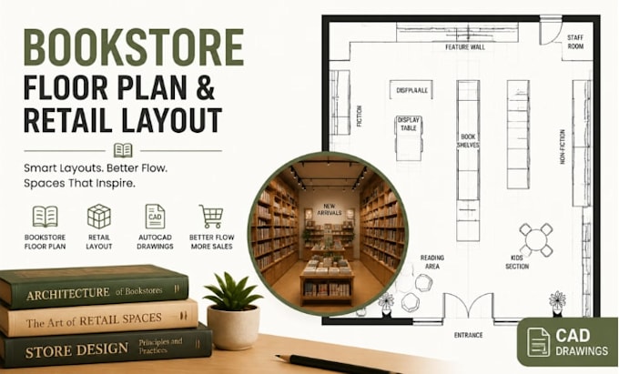 design bookstore floor plans, retail layoit autocad drawings