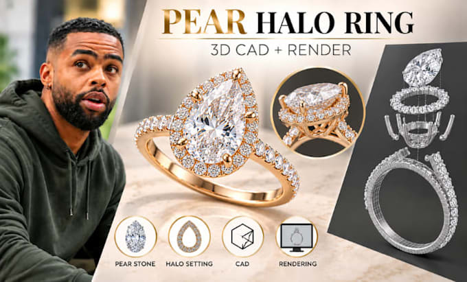 pear shaped halo engagement ring cad modeling, jewelry product rendering
