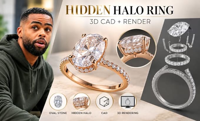 hidden halo oval engagement ring cad design, 3d jewelry rendering concept
