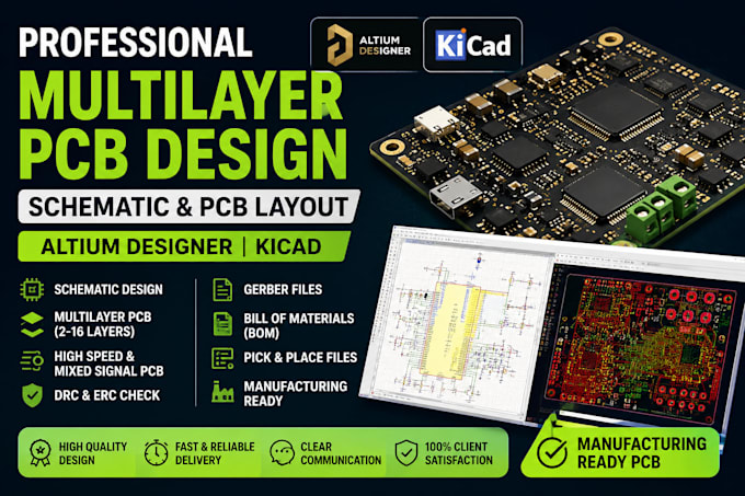 design professional multilayer pcb and schematic in altium designer or kicad