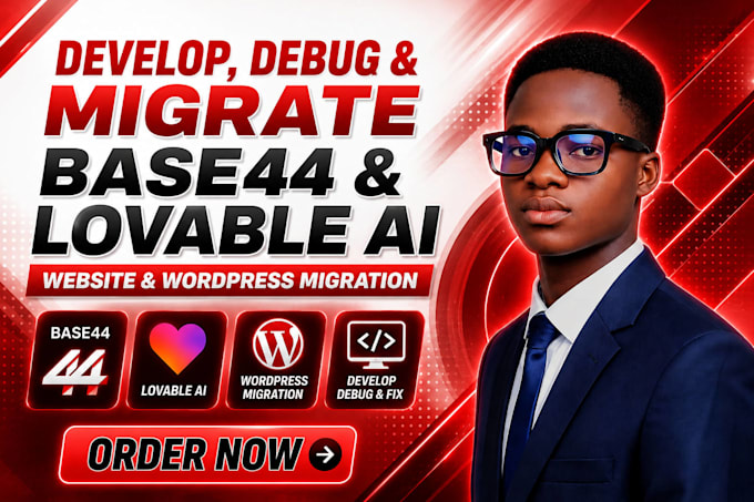 develop, debug, and migrate base44 and lovable ai website, wordpress migration