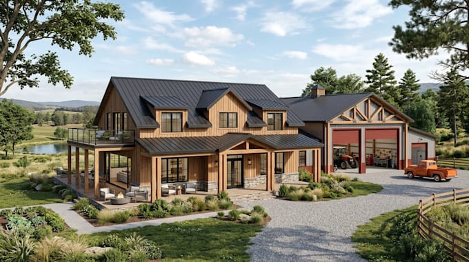 design custom barndominium and pole barn house plans with realistic 3d rendering