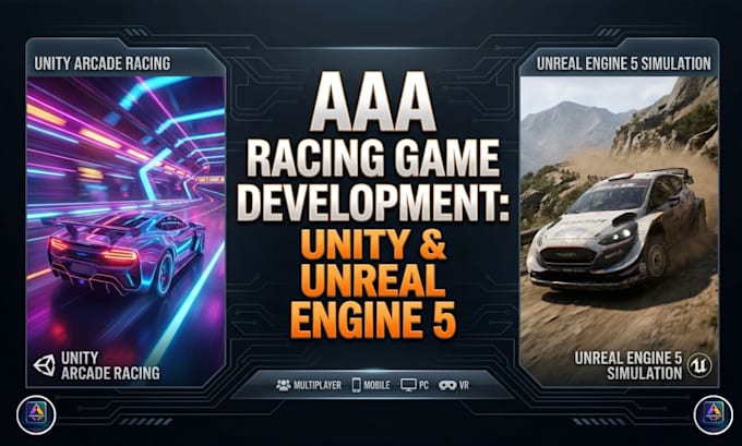 build multiplayer arcade car racing game in unity, unreal engine 5, 3d game