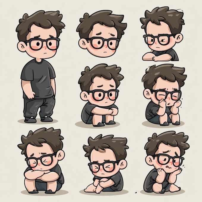 draw simple cute 2d vector cartoon in multiple emotions