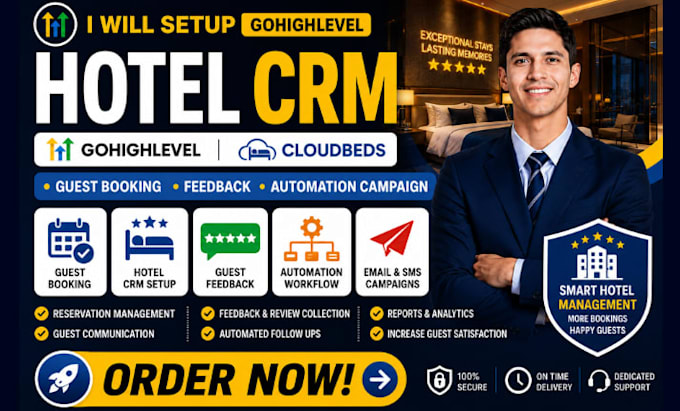 setup hotel CRM gohighlevel cloudbeds guest booking feedback automation campaign