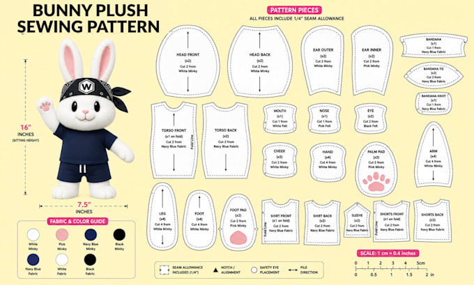 create a custom plush sewing pattern for plush toys, stuffed animals and mascots
