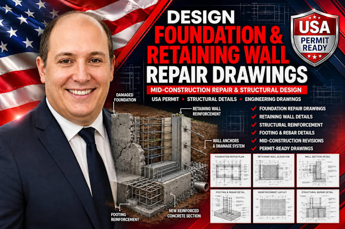 design foundation and retaining wall repair drawings for mid construction strctl