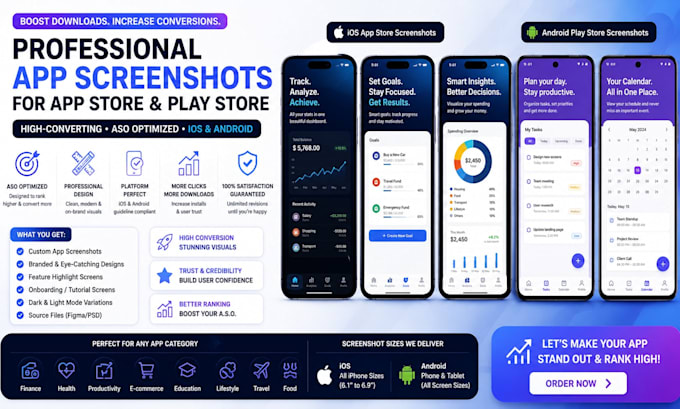 design professional app screenshots for app store and play store aso ios android