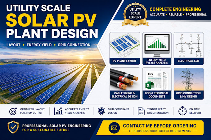 design utility scale solar pv plant, layout, energy yield and grid connection