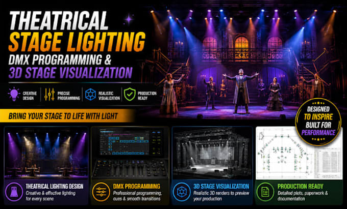 design theatrical stage lighting, dmx programming, and 3d stage visualization
