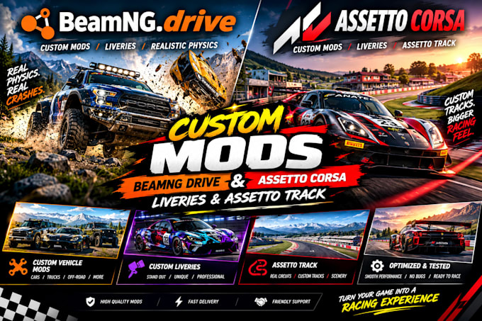 custom beamng drive and assetto corsa custom mods, liveries and assetto track