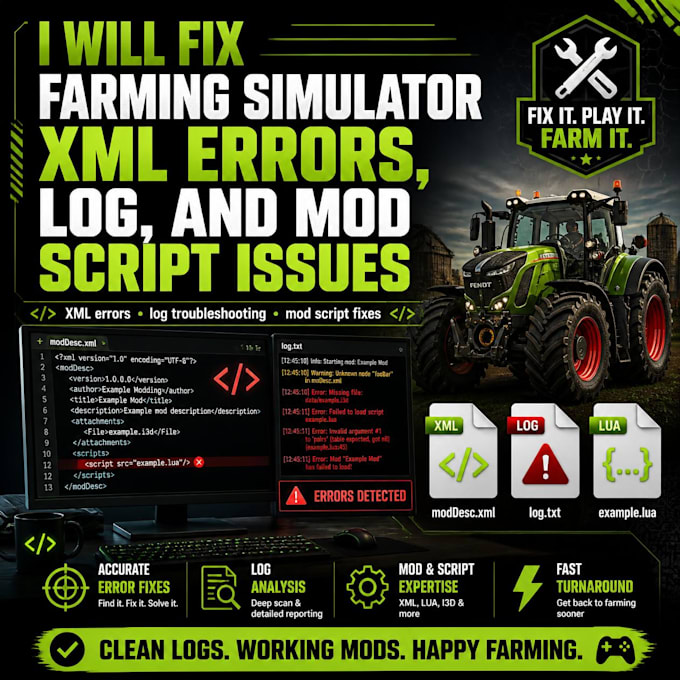 fix farming simulator XML errors log and mod script issues