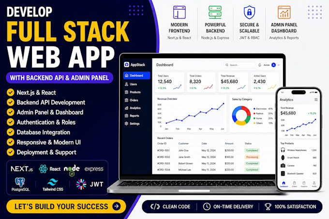 develop full stack web app with backend API and admin panel