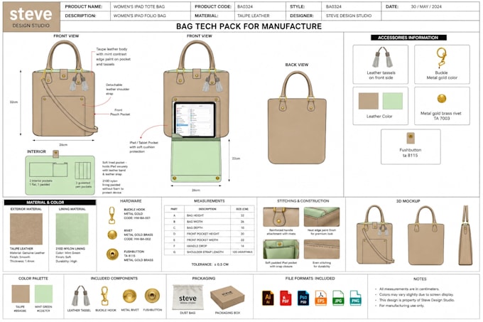 create handbag tote bag backpack tech pack with technical flat for manufacturing