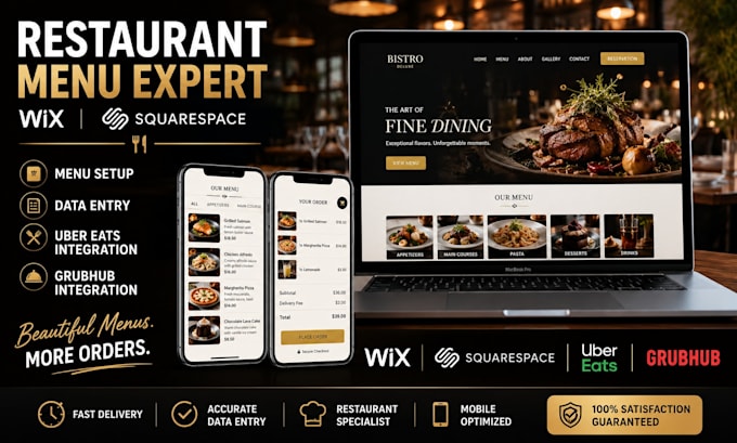 setup wix squarespace restaurant menus data entry grubhub uber eats integration