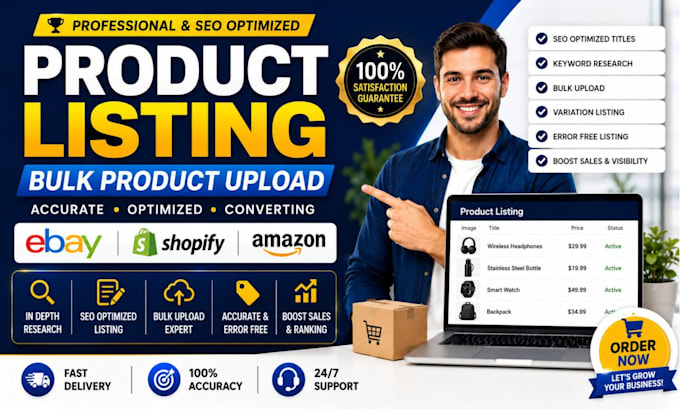 do product listing, bulk product upload, ebay shopify amazon productlisting seo